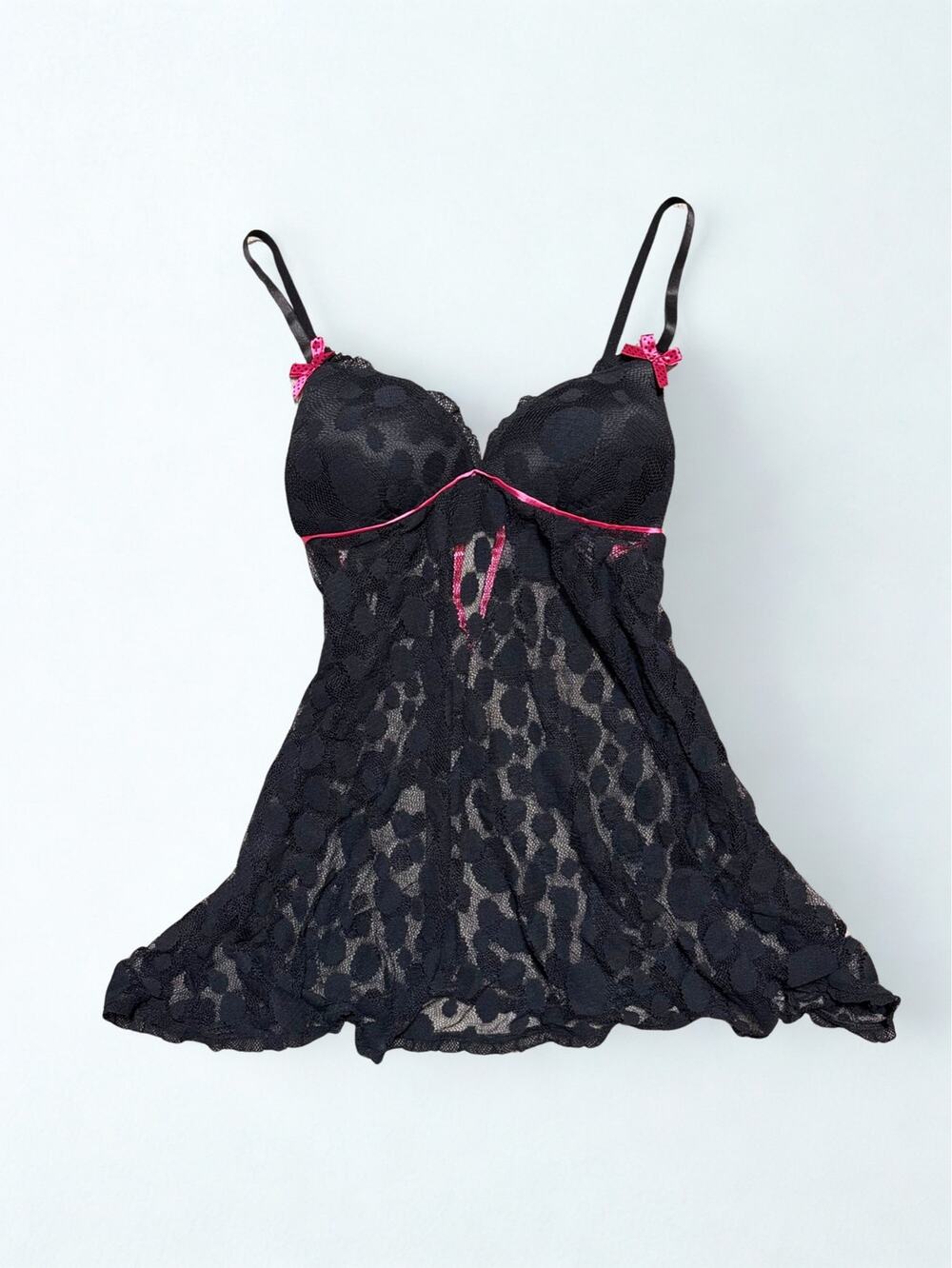 Per Lei Black Babydoll Slip Top Sheer Polka Dot Skirt Pink Satin Bows